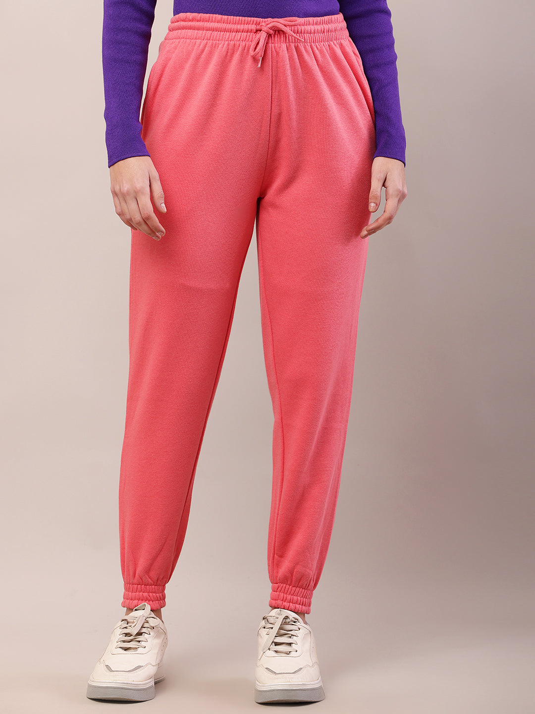 Cotton Regular Fit Full Length High-Rise Pink Joggers