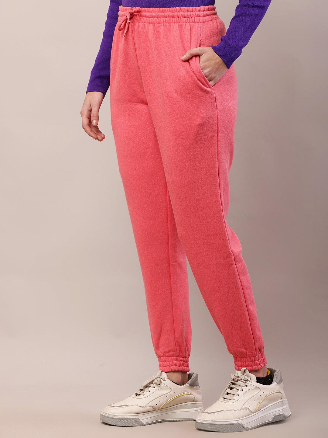 Cotton Regular Fit Full Length High-Rise Pink Joggers