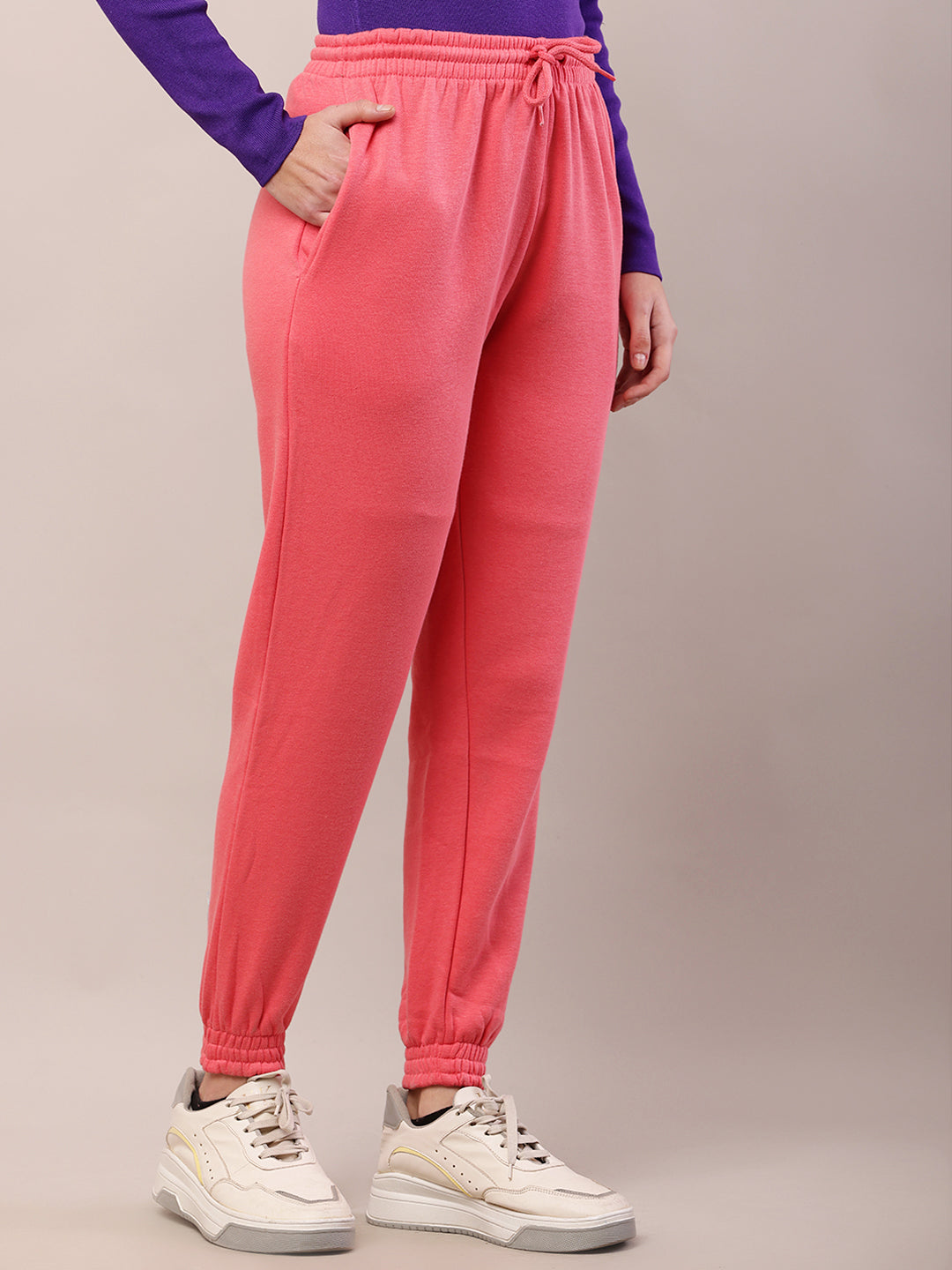 Cotton Regular Fit Full Length High-Rise Pink Joggers