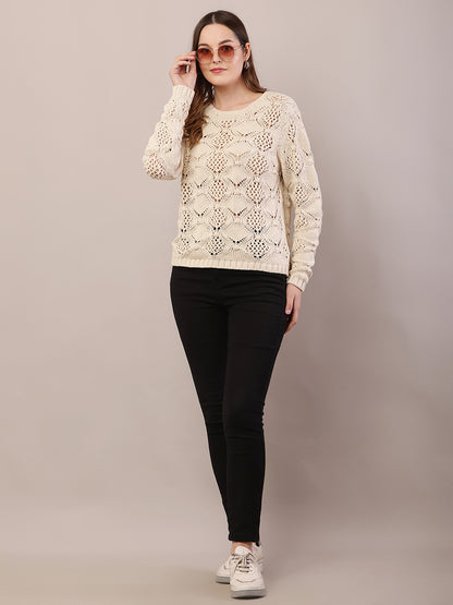 Cotton Full Sleeve with Round Neck Cream Sweater