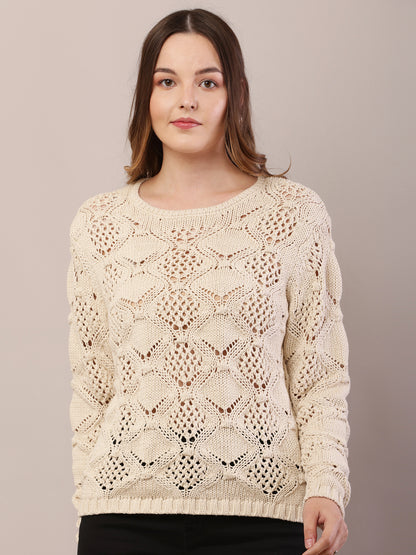 Cotton Full Sleeve with Round Neck Cream Sweater