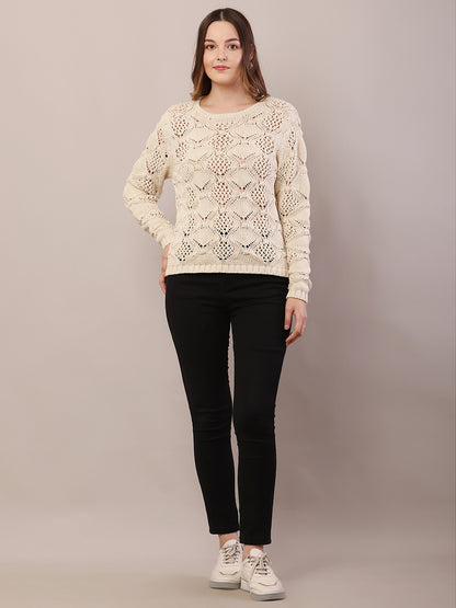 Cotton Full Sleeve with Round Neck Cream Sweater