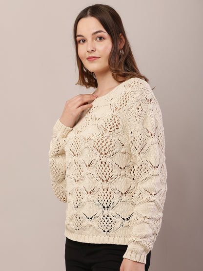 Cotton Full Sleeve with Round Neck Cream Sweater