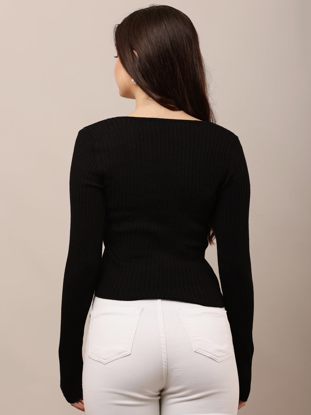 Viscose Full Sleeve with Square Neck Zipper Black Sweater