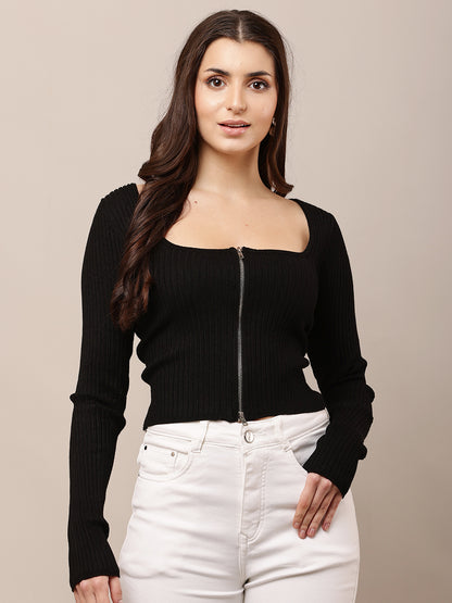 Viscose Full Sleeve with Square Neck Zipper Black Sweater