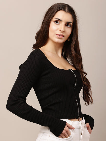 Viscose Full Sleeve with Square Neck Zipper Black Sweater