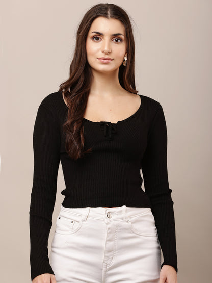 Viscose Round Neck with Full Sleeve Black Top