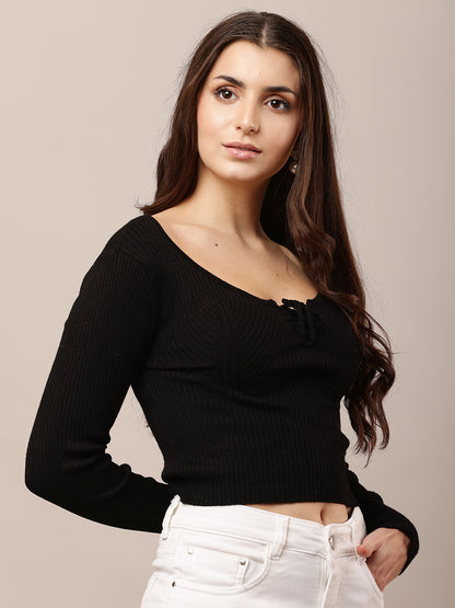 Viscose Round Neck with Full Sleeve Black Top