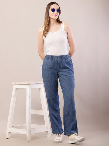 Cotton Regular Fit Elastic Waist Blue Trouser