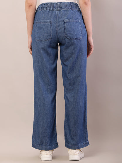 Cotton Regular Fit Elastic Waist Blue Trouser