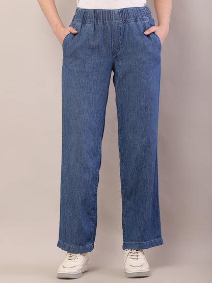 Cotton Regular Fit Elastic Waist Blue Trouser