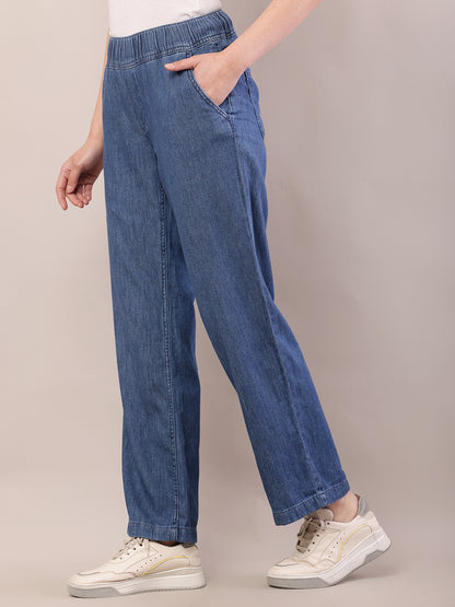 Cotton Regular Fit Elastic Waist Blue Trouser