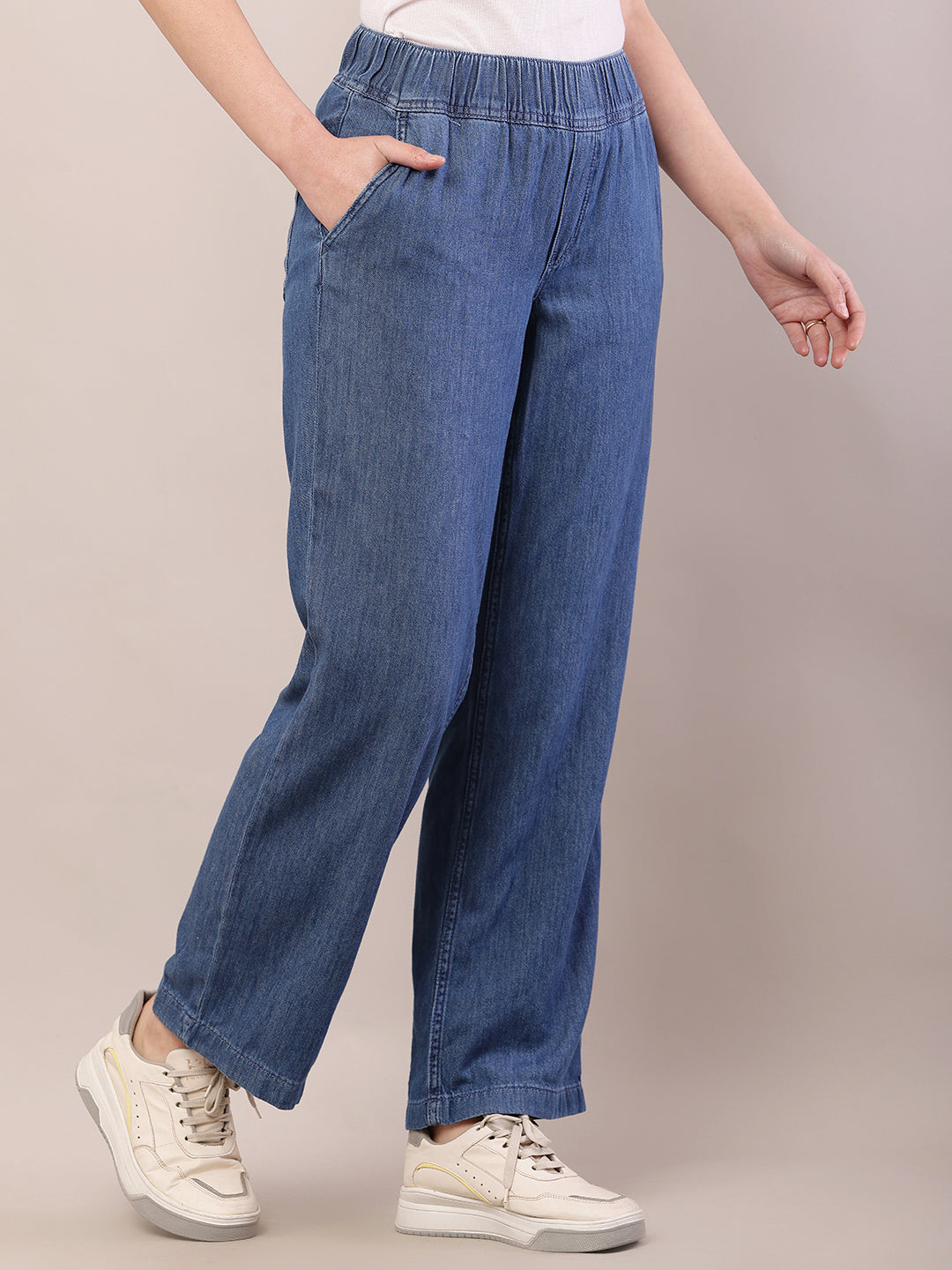 Cotton Regular Fit Elastic Waist Blue Trouser