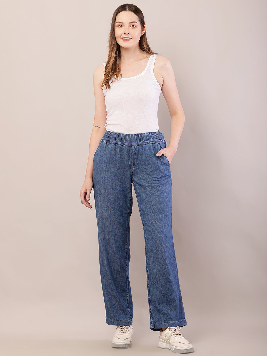 Cotton Regular Fit Elastic Waist Blue Trouser