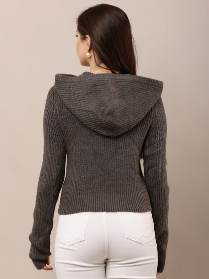 Acrylic Full Sleeve with Hooded Grey Sweater