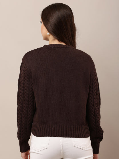 Acrylic Round Neck with Full Sleeve Brown Sweater