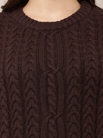 Acrylic Round Neck with Full Sleeve Brown Sweater