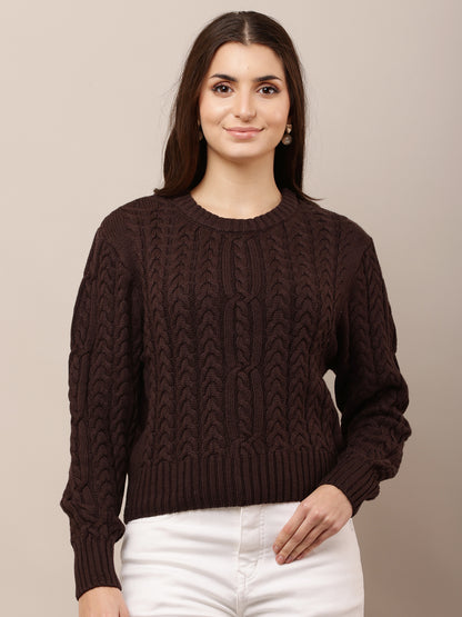 Acrylic Round Neck with Full Sleeve Brown Sweater