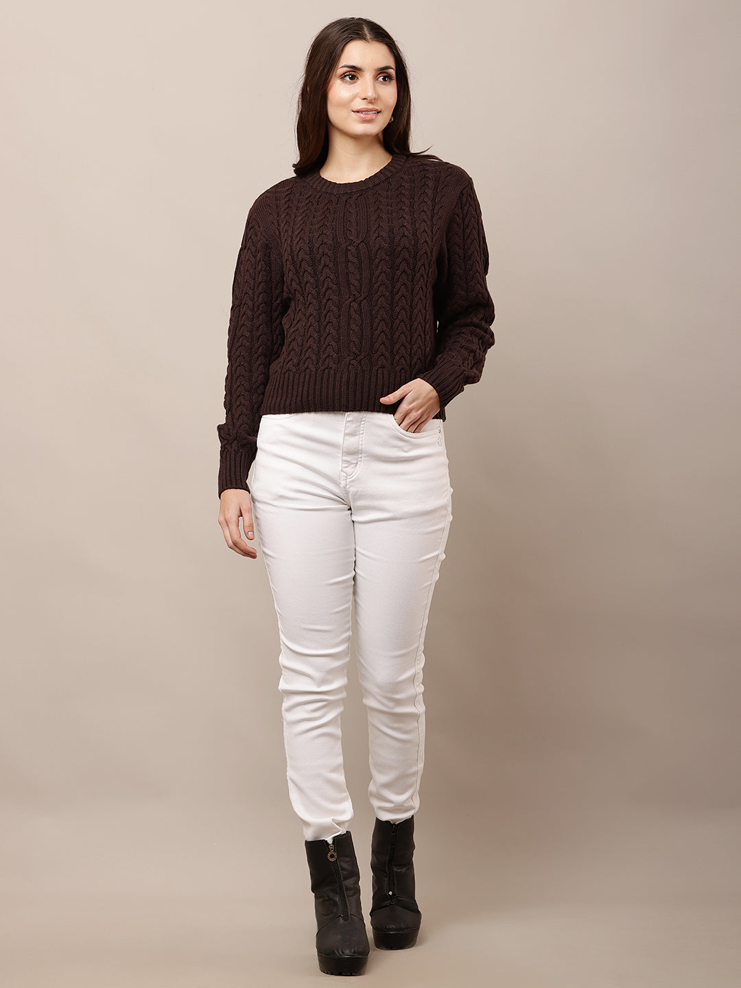 Acrylic Round Neck with Full Sleeve Brown Sweater