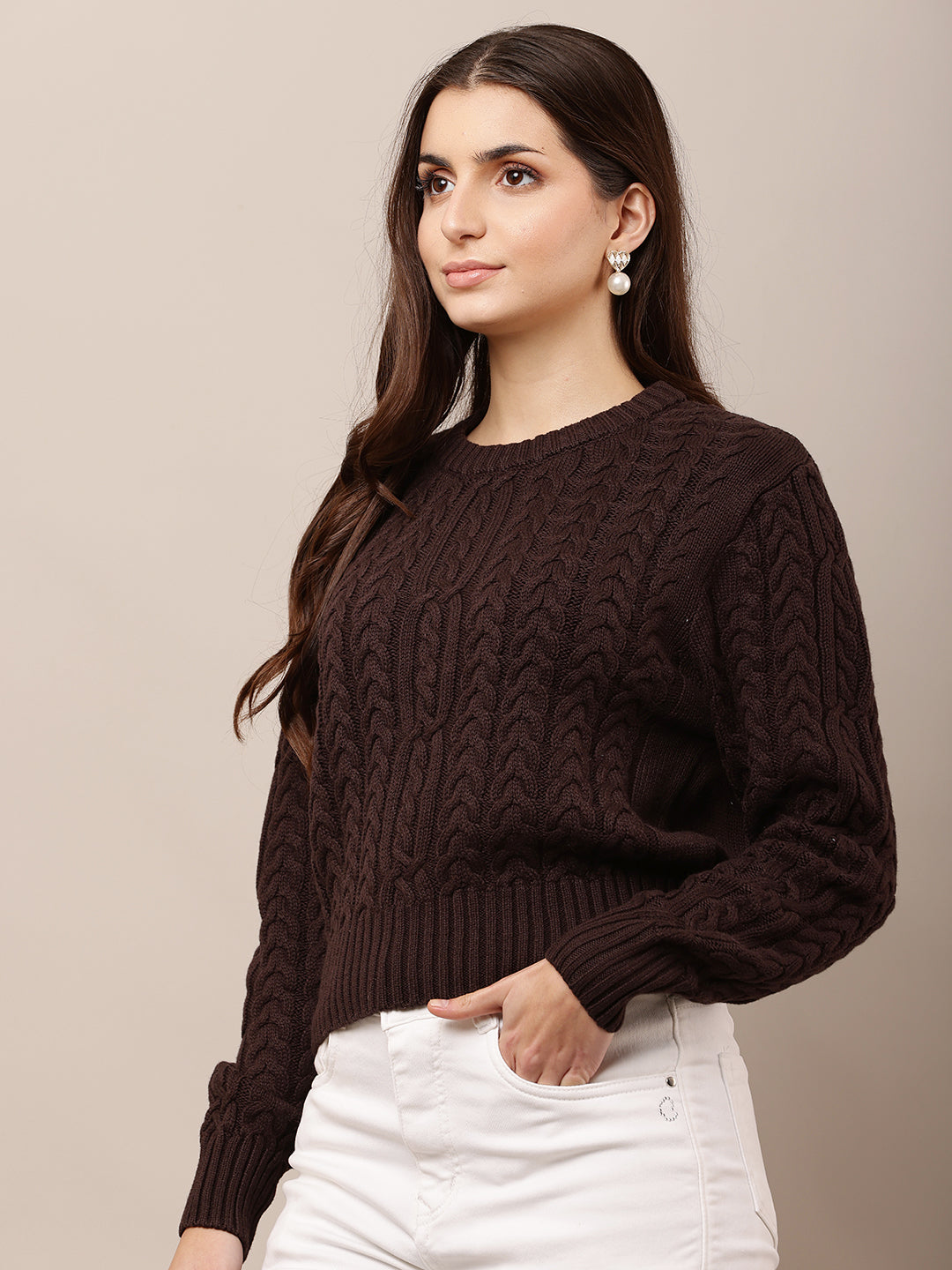 Acrylic Round Neck with Full Sleeve Brown Sweater