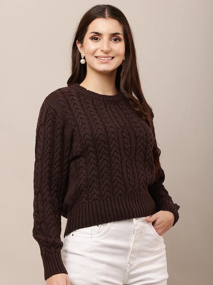 Acrylic Round Neck with Full Sleeve Brown Sweater