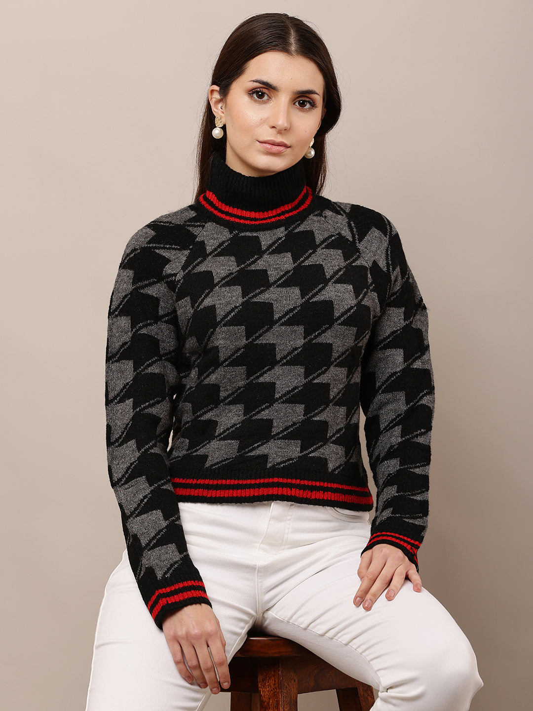 Acrylic High-Neck with Full Sleeve Checkered Black Sweater