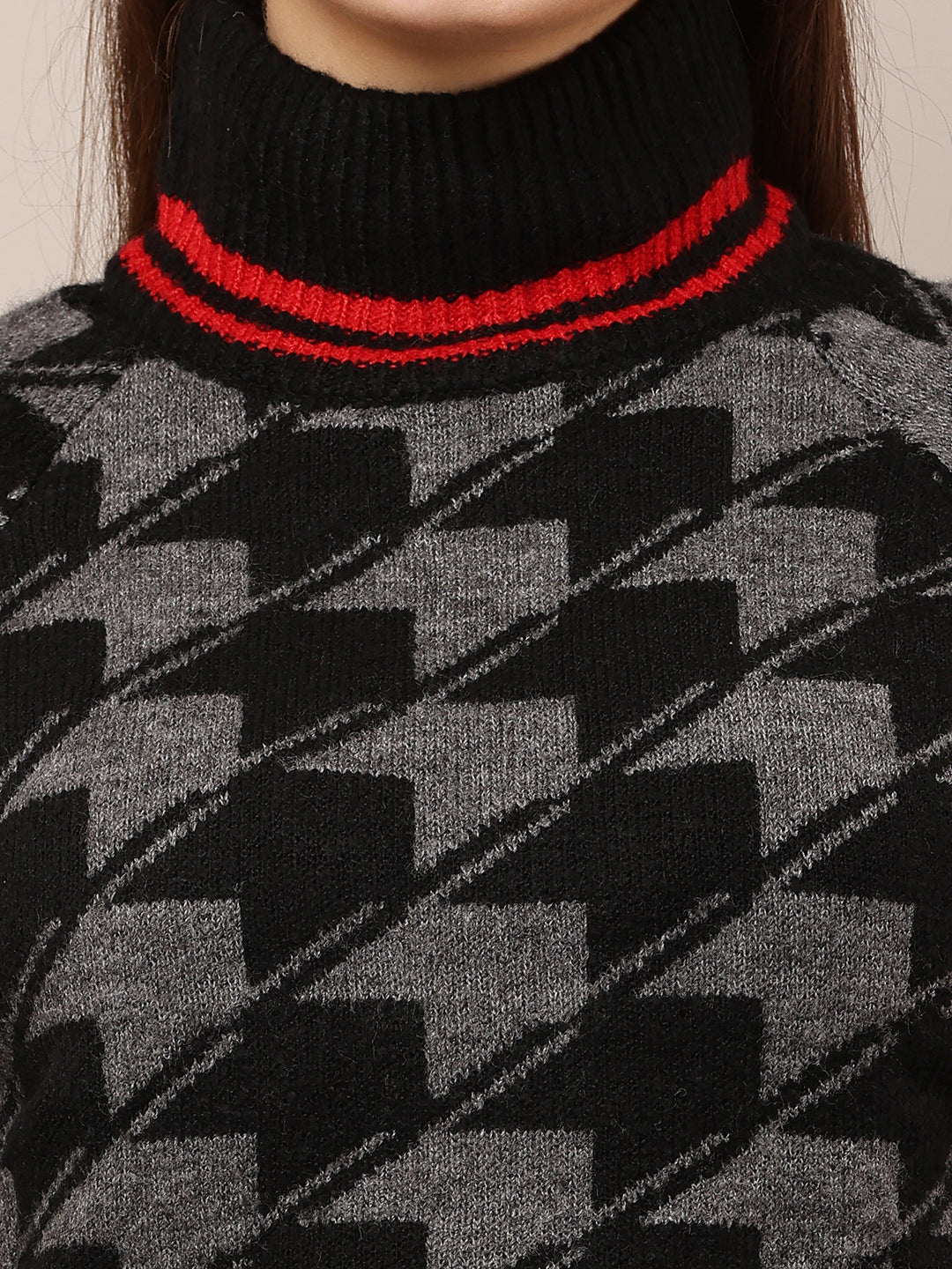 Acrylic High-Neck with Full Sleeve Checkered Black Sweater