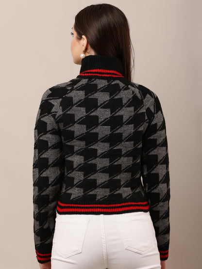 Acrylic High-Neck with Full Sleeve Checkered Black Sweater