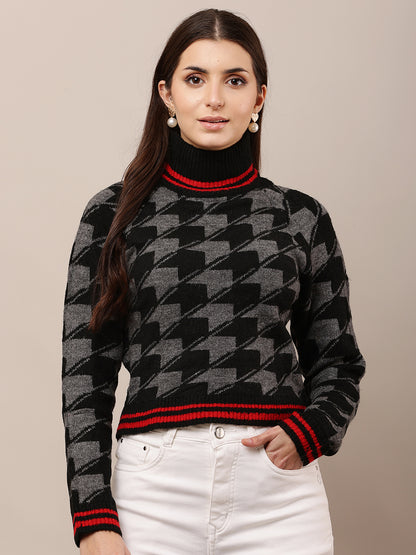 Acrylic High-Neck with Full Sleeve Checkered Black Sweater