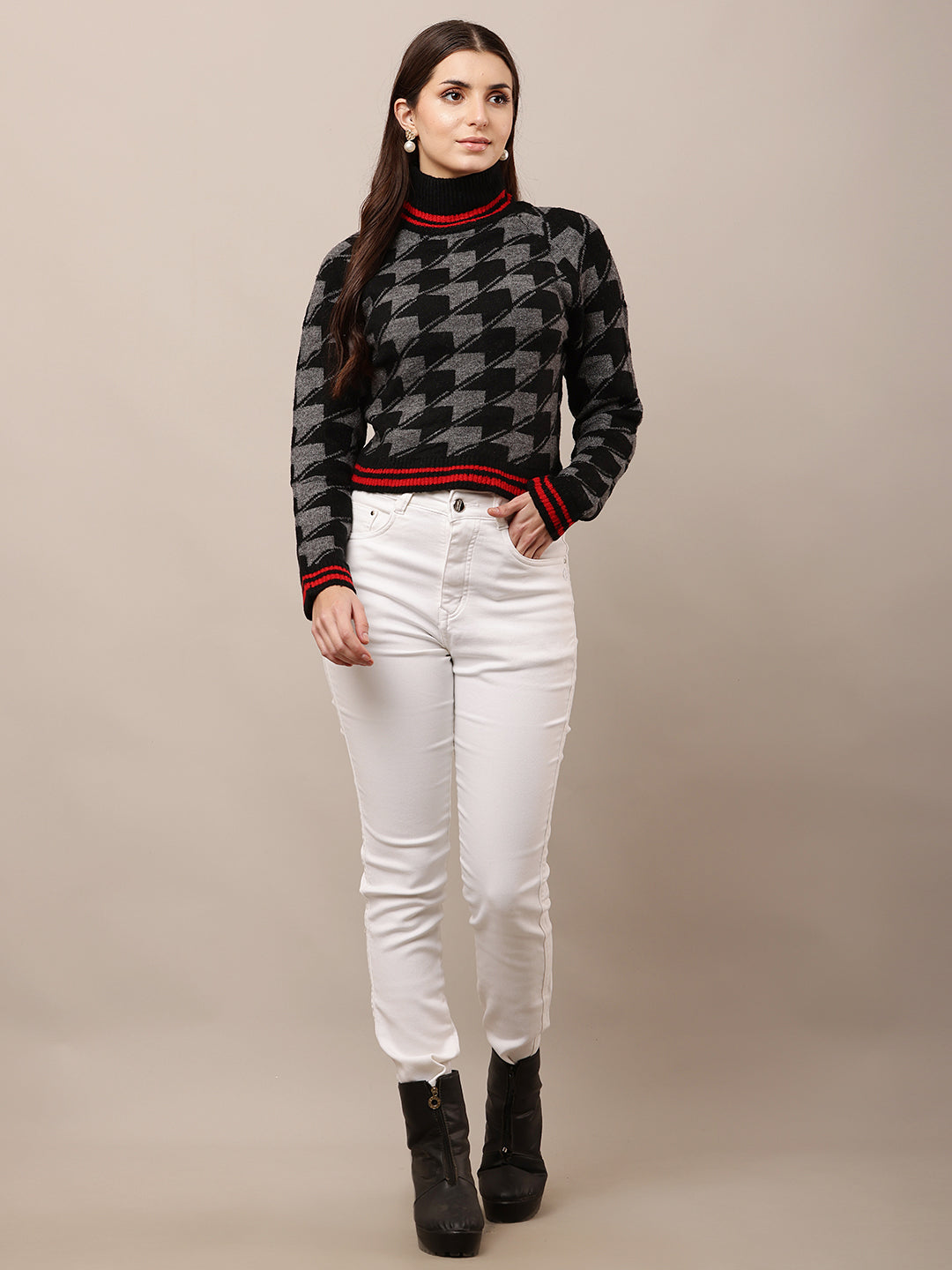 Acrylic High-Neck with Full Sleeve Checkered Black Sweater