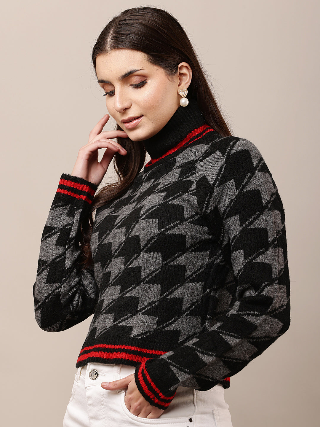 Acrylic High-Neck with Full Sleeve Checkered Black Sweater