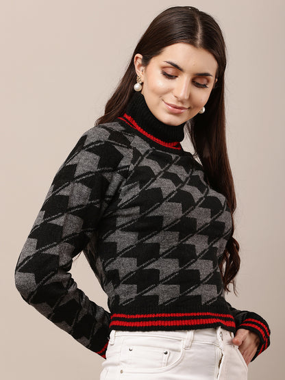 Acrylic High-Neck with Full Sleeve Checkered Black Sweater