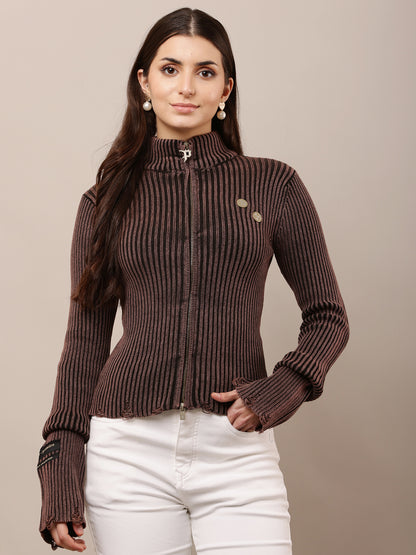 Cotton Full Sleeve with High Neck zip fastening Wine Prewinter Sweater