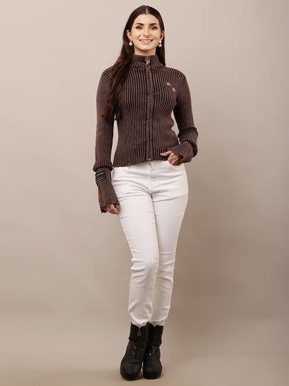 Cotton Full Sleeve with High Neck zip fastening Wine Prewinter Sweater