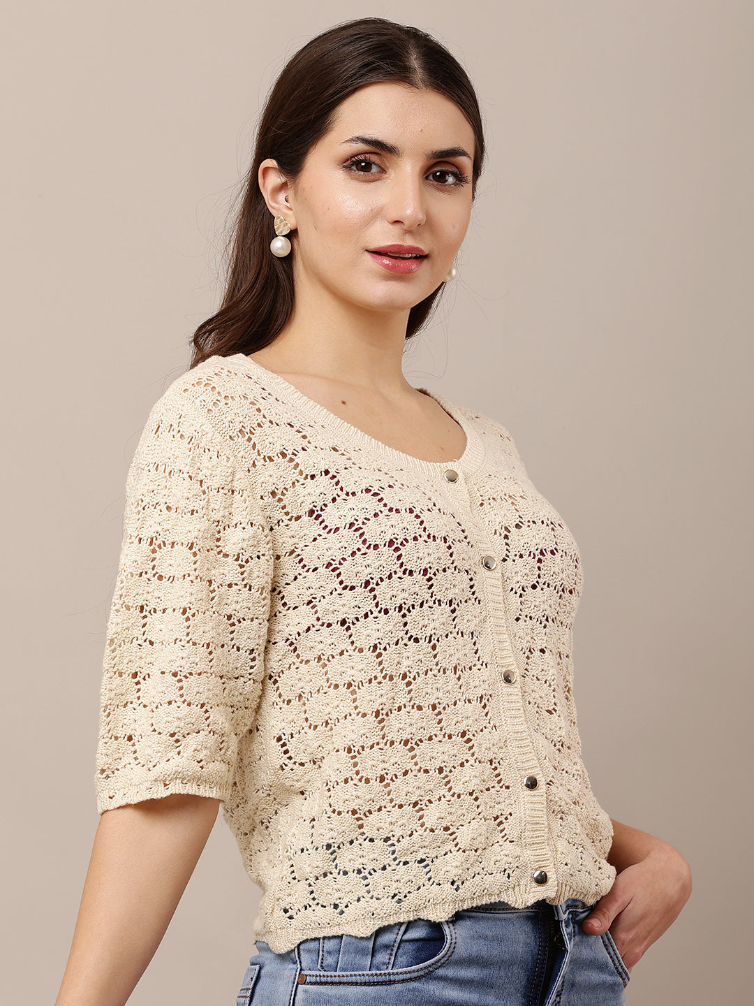 Polyester Short Sleeve with Round Neck Front Button Closures Cream Crochet Top