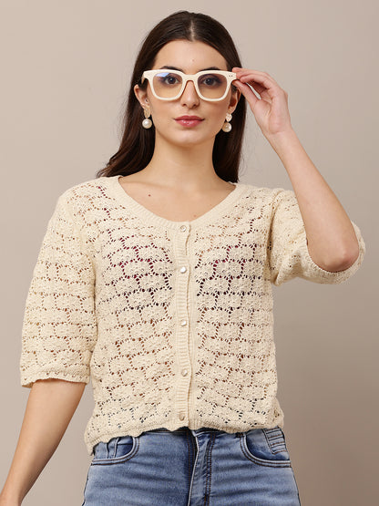 Polyester Short Sleeve with Round Neck Front Button Closures Cream Crochet Top