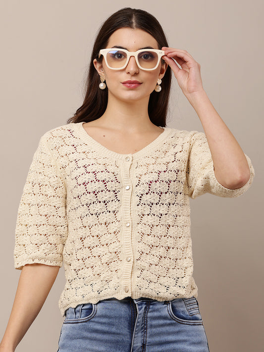 Polyester Short Sleeve with Round Neck Front Button Closures Cream Crochet Top