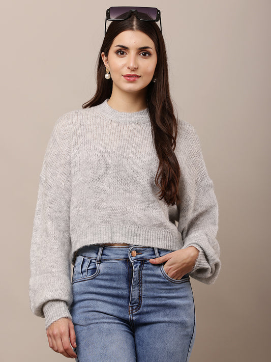 Polyester Full Sleeve with Round Neck Grey Sweater