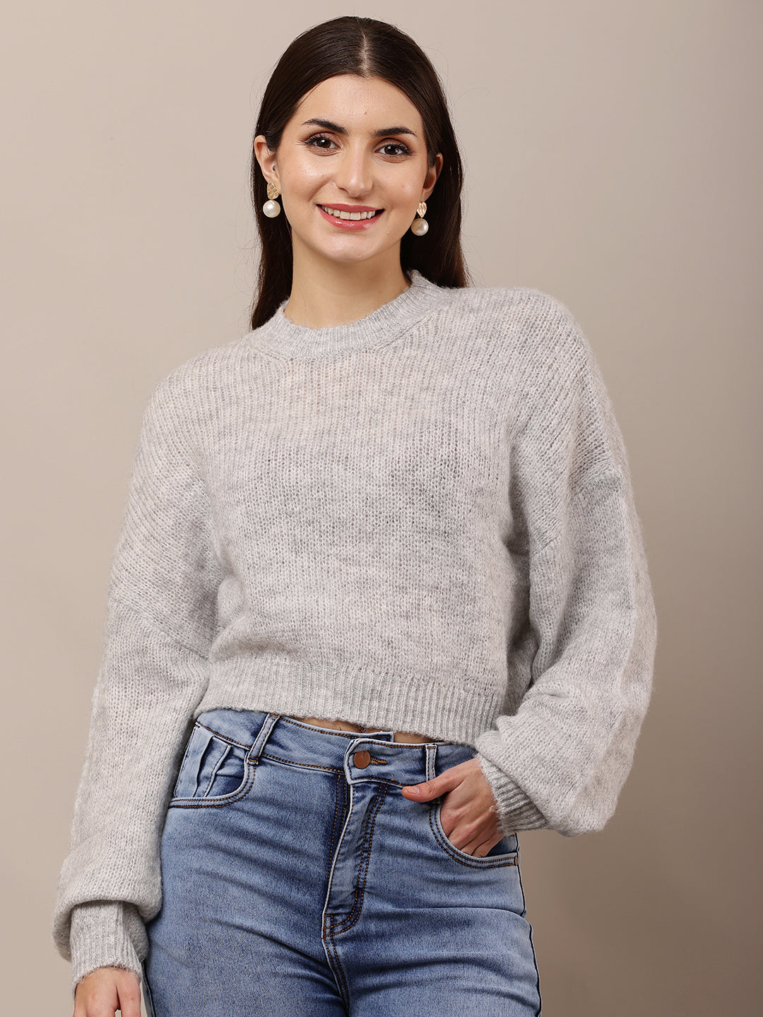 Polyester Full Sleeve with Round Neck Grey Sweater