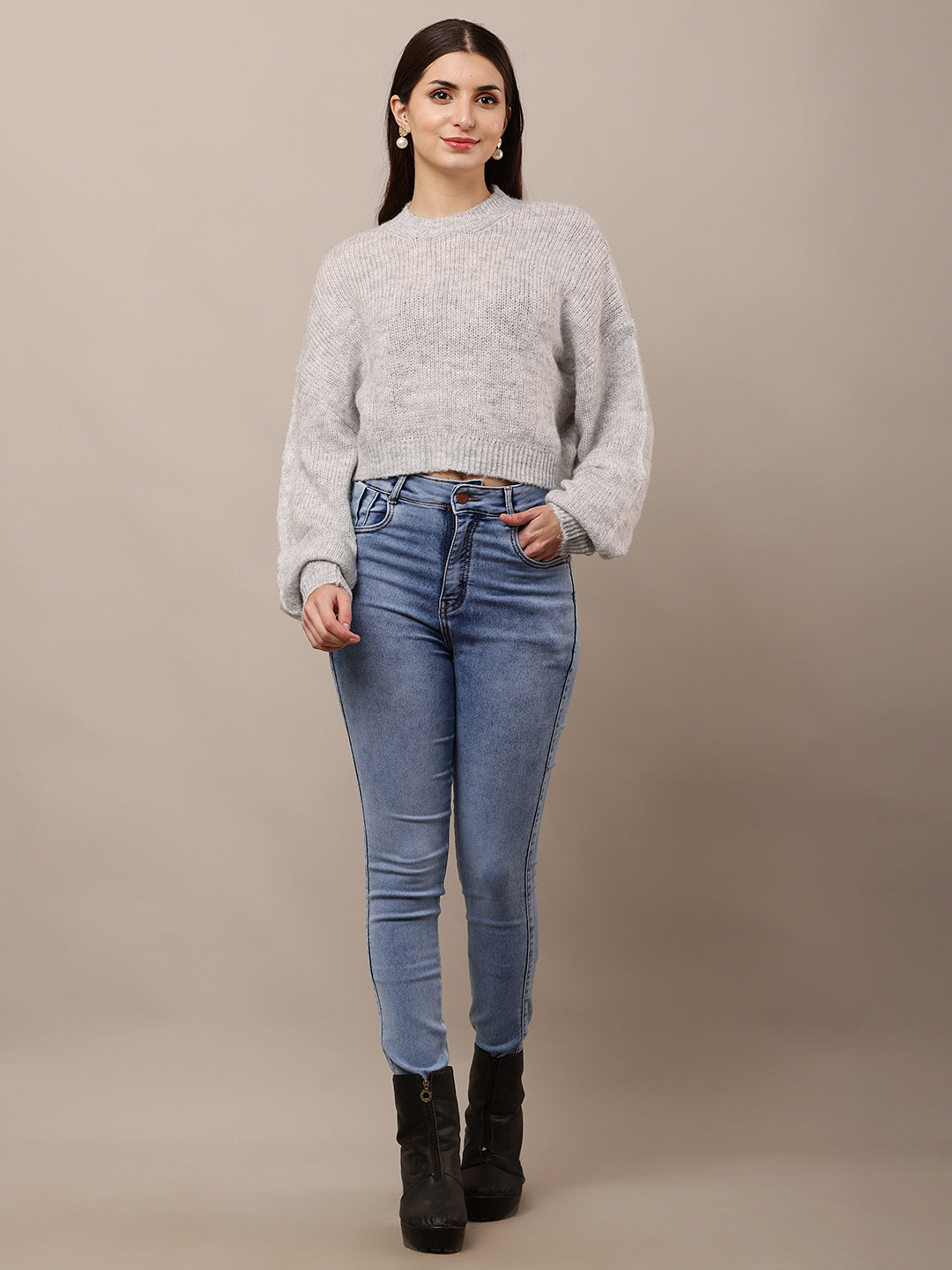 Polyester Full Sleeve with Round Neck Grey Sweater