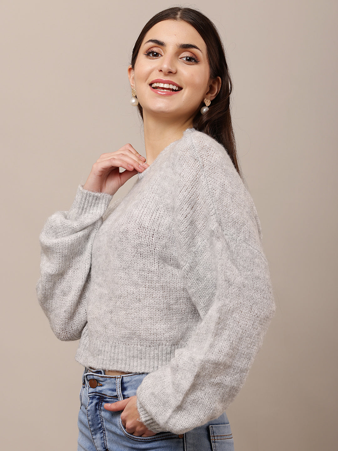 Polyester Full Sleeve with Round Neck Grey Sweater