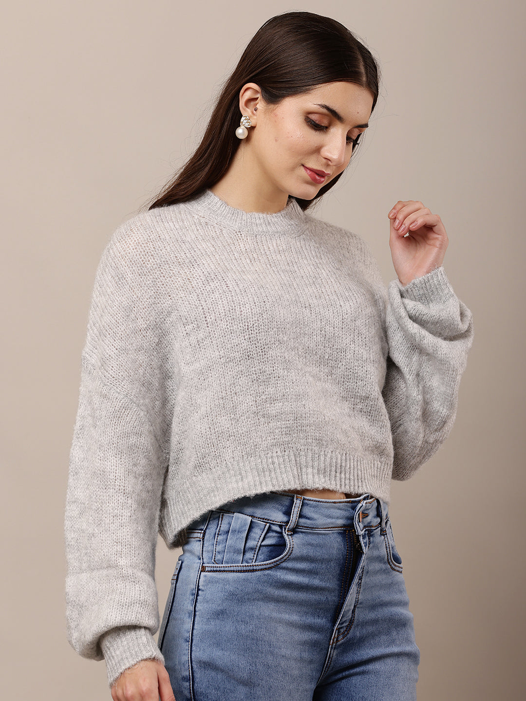 Polyester Full Sleeve with Round Neck Grey Sweater