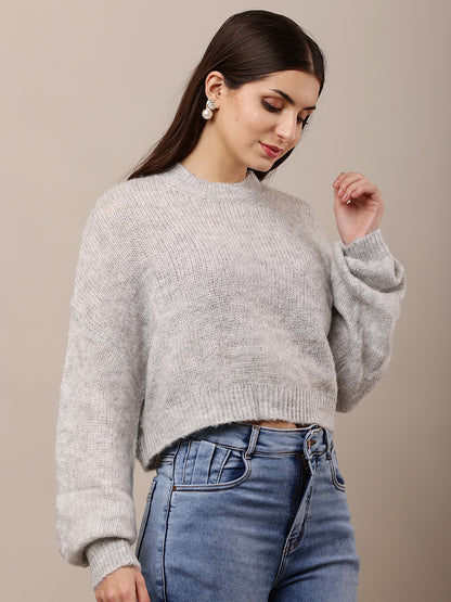 Polyester Full Sleeve with Round Neck Grey Sweater