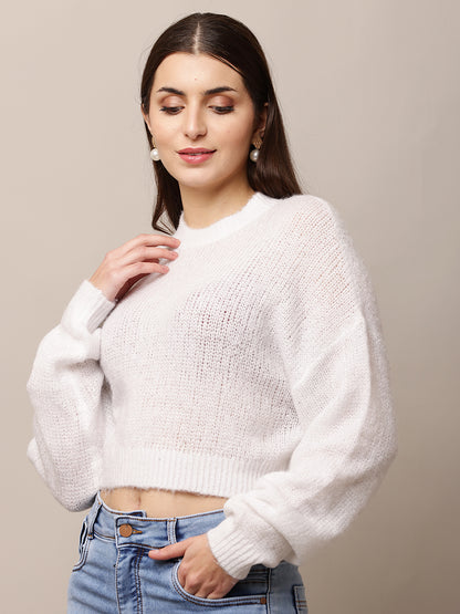 Polyester Full Sleeve with Round Neck White Sweater