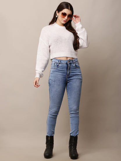 Polyester Full Sleeve with Round Neck White Sweater