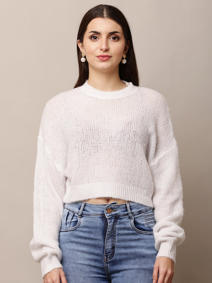 Polyester Full Sleeve with Round Neck White Sweater