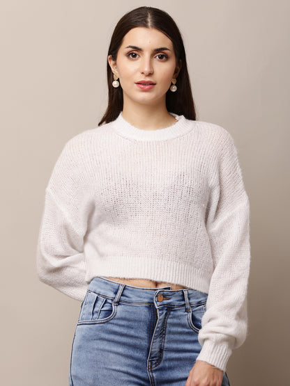 Polyester Full Sleeve with Round Neck White Sweater