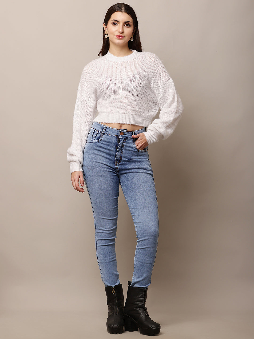 Polyester Full Sleeve with Round Neck White Sweater