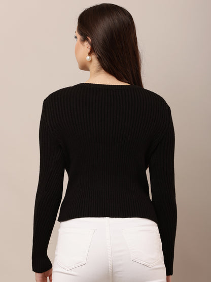 Acrylic Full Sleeve with Round Neck Ribbed Black sweater