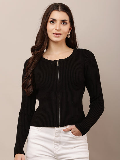 Acrylic Full Sleeve with Round Neck Ribbed Black sweater